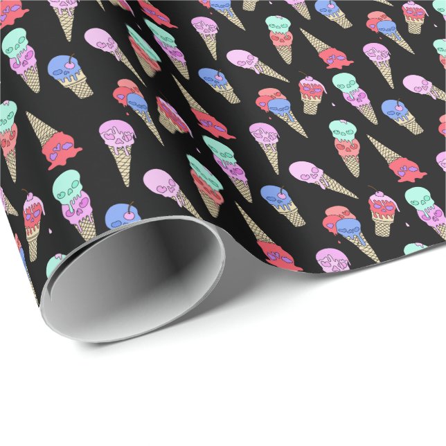 Fun Melty Summer Goth Skull Ice Cream pastel black Wrapping Paper (Roll Corner)