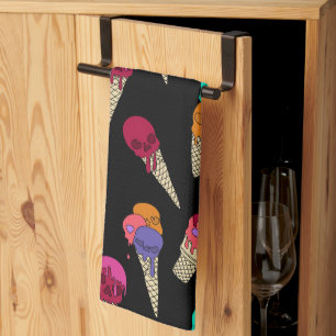 Fun Melty Summer Goth Skull Ice Cream weird black Kitchen Towel
