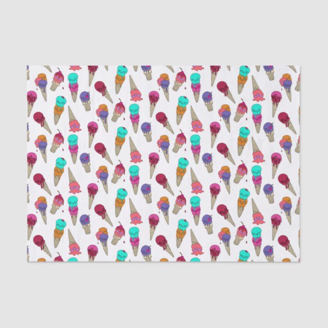 Fun Melty Summer Goth Skull Ice Cream weird white Tissue Paper (Front)