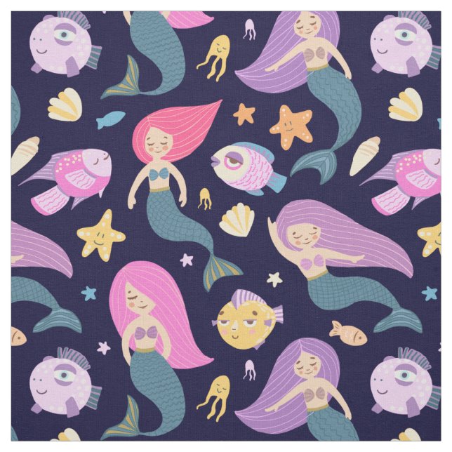 Fun Mermaid and Fish Pattern on Blue Fabric (Swatch)
