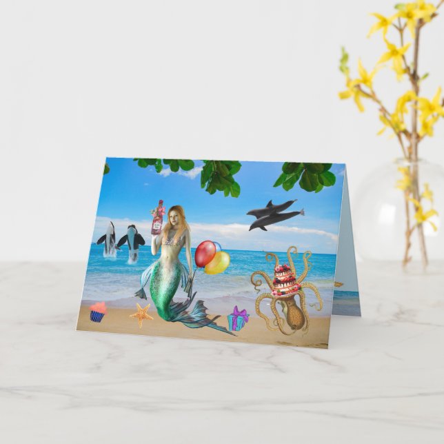 Fun Mermaid sur la carte d'anniversaire de la plag (Fleur jaune)