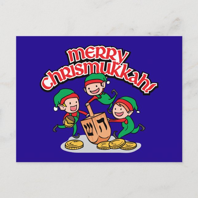 Fun Merry Chrismukkah Elves Dreidels Blue Postcard (Front)