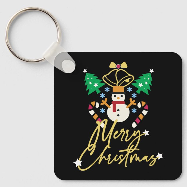 Fun Merry Christmas Design with Bell, Trees  Keychain (Front)