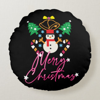 Fun Merry Christmas Design with Bells, Tree Round Pillow