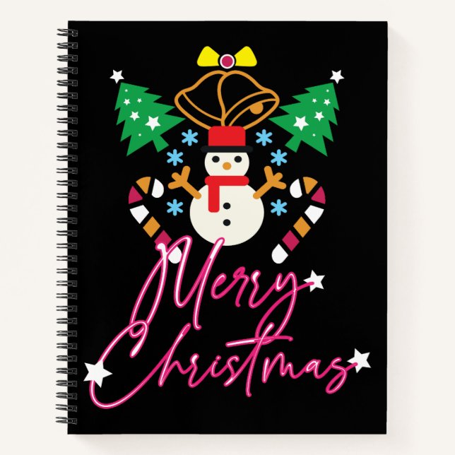 Fun Merry Christmas Design with Bells, Trees Notebook (Front)