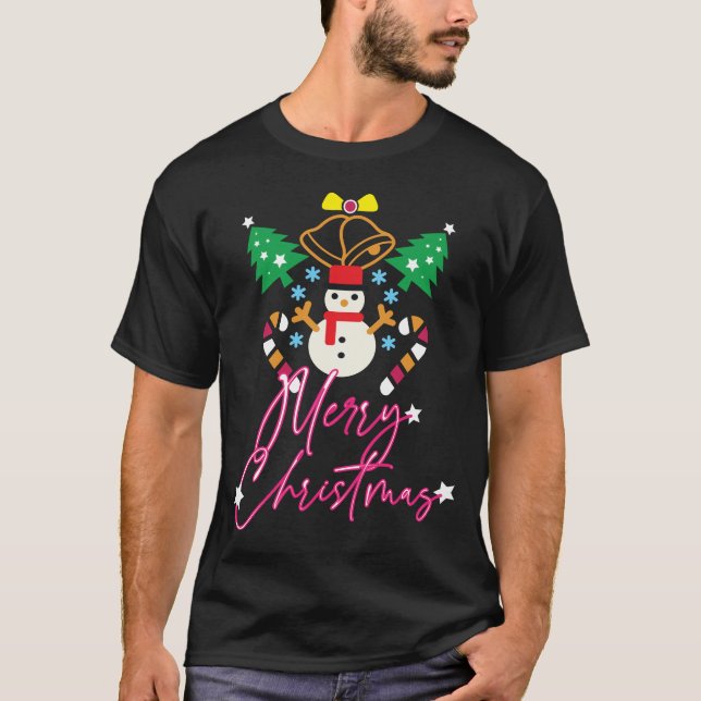 Fun Merry Christmas Design with Bells, Trees T-Shirt (Front)