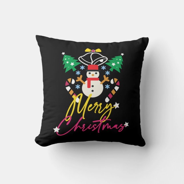 Fun Merry Christmas Design with Bells,Trees Throw Pillow (Front)