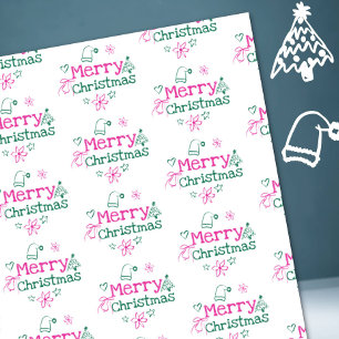 Fun Merry Christmas Doodles Pink And Green Wrapping Paper