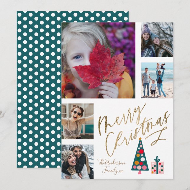 Fun Merry Christmas Gold Script Photo Collage Tree Holiday Card (Front/Back)