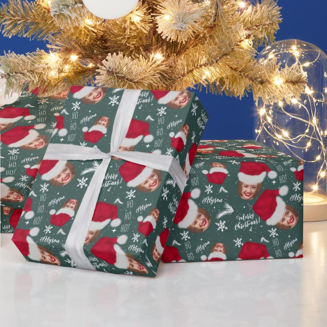 Fun merry Christmas hat illustration photo name Wrapping Paper (Holidays)