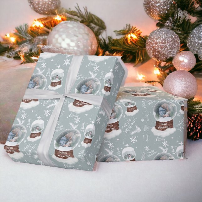 Fun merry Christmas illustration photo snowglobe Wrapping Paper (Fun merry Christmas illustration photo snowglobe Wrapping Paper teal)