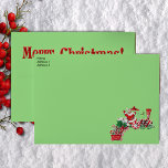 Fun Merry Christmas Santa on Candy Train Letters  Envelope<br><div class="desc">This envelope is green with a fun Santa Claus riding a red and white train with peppermint candy wheels carrying candy canes and letters to Santa.  Back flap has Merry Christmas text in bold red.  Customise your return address on the front with the template.</div>