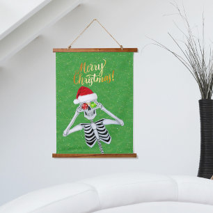 Fun Merry Christmas Skeleton Green Gold Santa Hat Hanging Tapestry