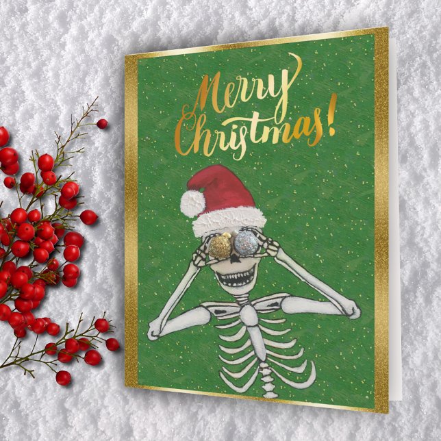 Fun Merry Christmas Skeleton Santa Hat Gold Holiday Card (Creator Uploaded)