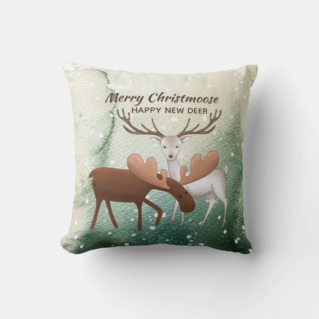 Fun Merry Christmoose Happy New Deer Throw Pillow (Front)