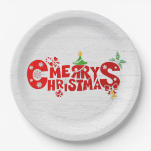 Fun Merry Chritmas Text On Whitewashed Wood Paper Plate