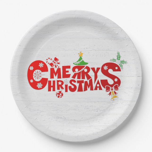 Fun Merry Chritmas Text On Whitewashed Wood Paper Plate (Front)