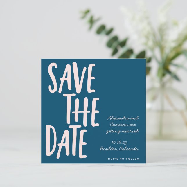 Fun Minimalist Teal Blue Whimsical Wedding  Save The Date (Standing Front)