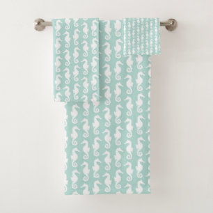 Fun mint green and white seahorse graphic pattern bath towel set
