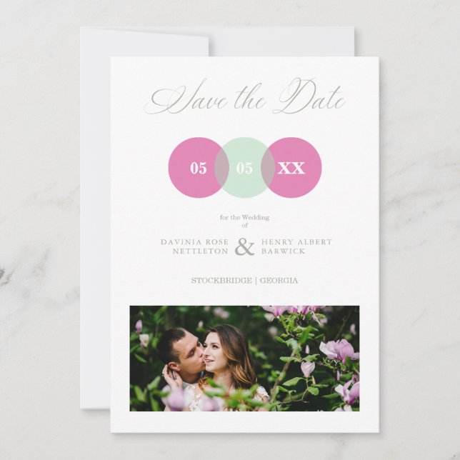 Fun Mint & Hot Pink Photo Couple Wimshical Script Save The Date (Front)