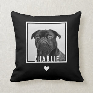 Fun Modern Black White Pug Heart Dog Photo Name Throw Pillow