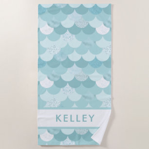 Fun Modern Blue Green Mermaid Scale Pattern Beach Towel
