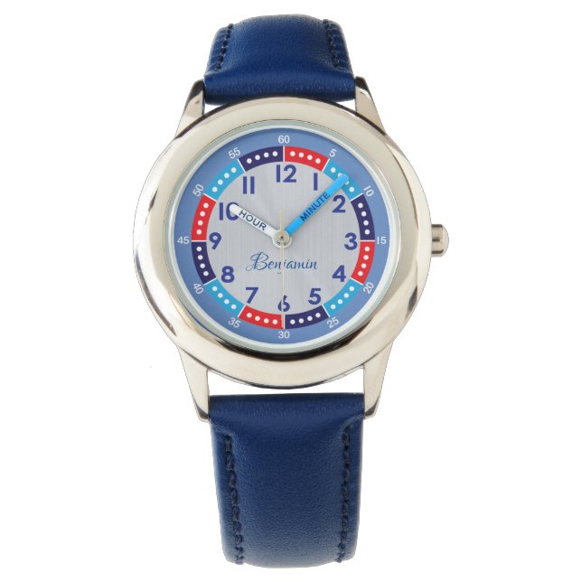 Fun Modern Blue Stylish Custom Name Kids Watch (Front)