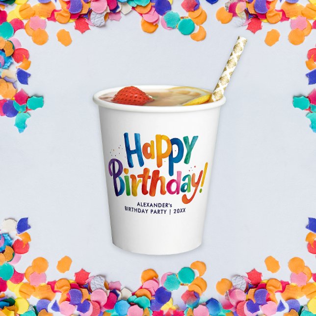 Fun Modern Colourful Birthday Party Rainbow Typo Paper Cups (Creator Uploaded)