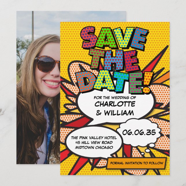 Fun Modern Colourful Comic Book Photo Wedding Save The Date (Front/Back)