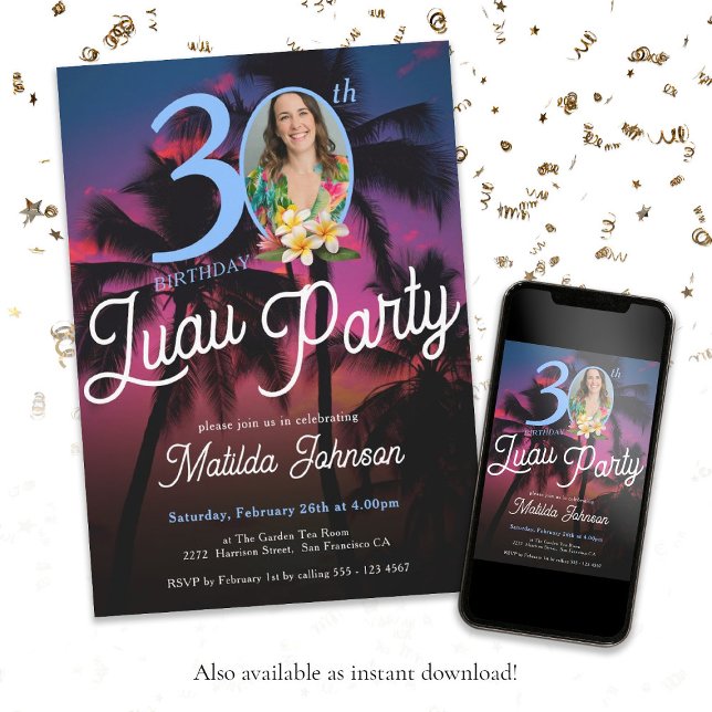 Fun Modern Custom Photo Luau Party 30th Birthday  Invitation (Fun 30th Birthday Luau Party Modern Custom Photo Invitation)