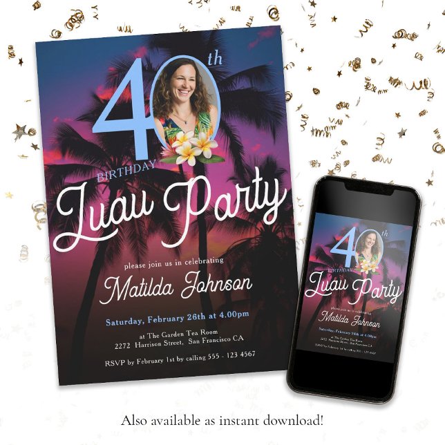 Fun Modern Custom Photo Luau Party 40th Birthday  Invitation (Fun 40th Birthday Luau Party Modern Custom Photo Invitation)