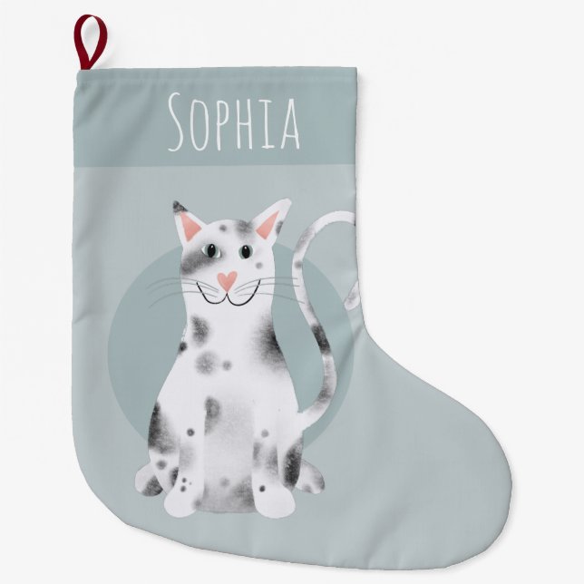 Fun Modern Cute Black and White Cat Cartoon Kids Large Christmas Stocking (Front)