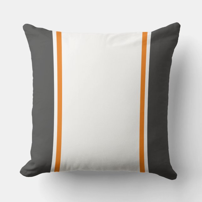 Fun Modern Dark Grey White Orange Racing Stripes Throw Pillow (Front)