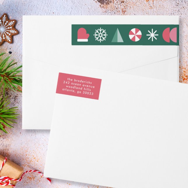 Fun Modern Geometric Festive Christmas Icons Wrap Around Label (modern geometric Christmas wrap around address labels)