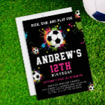 Fun Modern Girl Pink And Black Soccer Sport Balls  Invitation<br><div class="desc">Join us for a vibrant, girly soccer-themed birthday bash! Celebrate amidst colourful soccer balls and rainbow paint splatters against a sleek black backdrop, with a lively pink magenta reverse side. This playful invitation promises joy for kids, teens, and adults alike. Customize the details and make it your own, from the...</div>