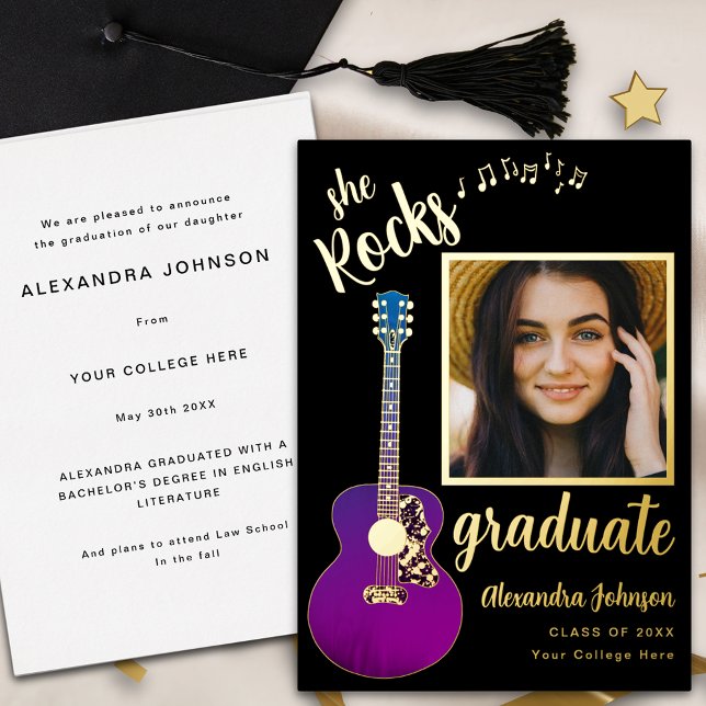 Fun Modern Graduate Photo Script Black and Gold (Fun modern black and gold foil script graduate photo graduation announcement card Purple guitar)