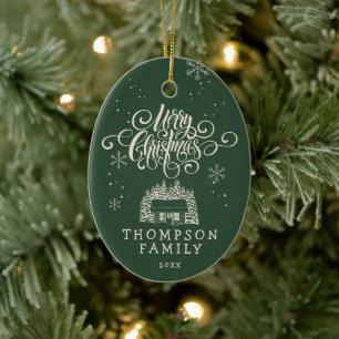 Fun Modern Merry Christmas Tree Script Typography Ceramic Ornament