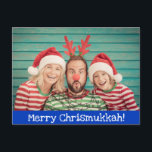 Fun Modern Merry Christmukkah Photo Blue and White Holiday Postcard<br><div class="desc">Celebrate the holiday season with this fun and merry postcard featuring your favourite family photo (or take a fun one just for Christmukkahh this year) on a blue background with white text. All the text on this card can be personalized, including the Merry Chrismukkah on the front and the Happy...</div>