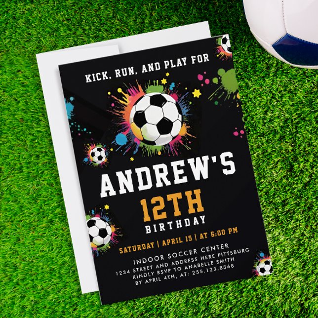 Fun Modern Orange Black Soccer Sport Ball Paint Invitation (Creator Uploaded)