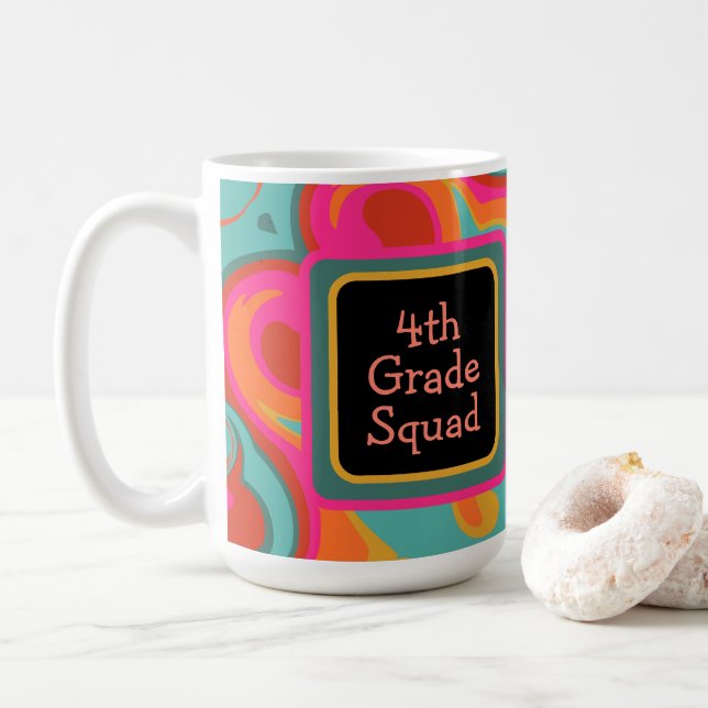 Fun Modern Pink Teal Teacher Initial Class Squad Coffee Mug (With Donut)
