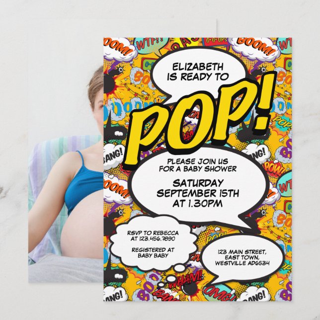 Fun Modern Ready to Pop Baby Shower Comic Photo Invitation (Front/Back)