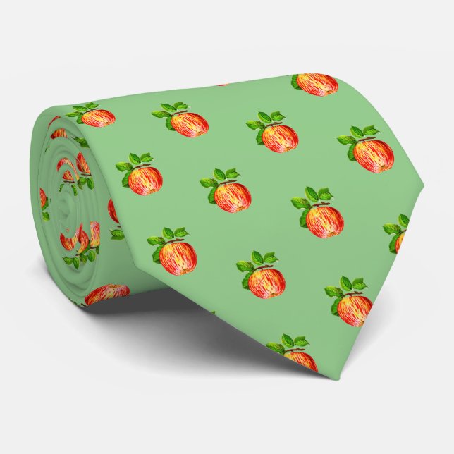 Fun Modern Red Apple Fruit Pattern Green Tie (Rolled)
