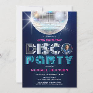 Fun Modern Retro Photo Disco Party 80th Birthday Invitation