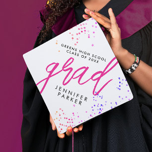 Fun Modern Script White Pink Confetti High School  Graduation Cap Topper