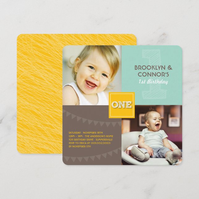 Fun Modern Square ONE Baby Twins 1st Birthday Invitation (Front/Back)