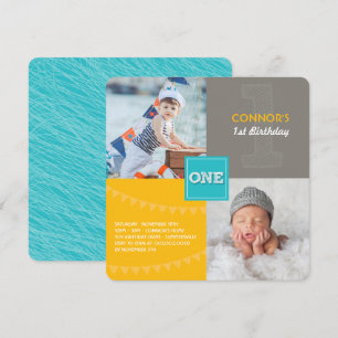 Fun Modern Squares ONE Photo Baby Boy 1st Birthday Invitation