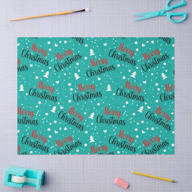 Fun Modern Teal Merry Christmas Script Decoupage Tissue Paper (Craft)