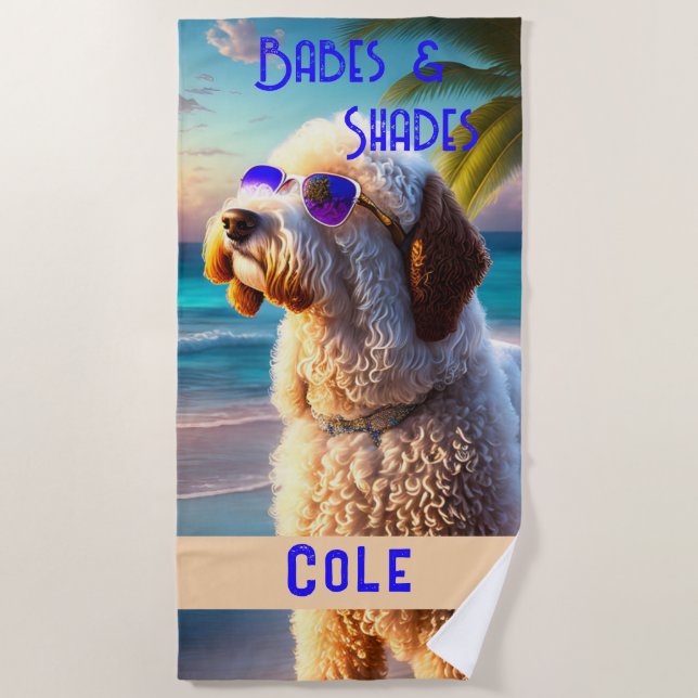 Fun Modern Trendy Cute Goldendoodle Dog Tropical Beach Towel (Front)