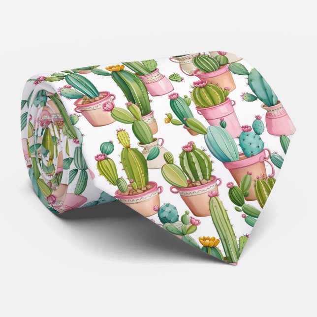 Fun Modern Watercolor Cacti Patterned  Tie (Rolled)