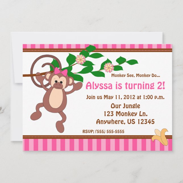 Fun Monkey Girls Personalized Birthday Inviation Invitation (Front)